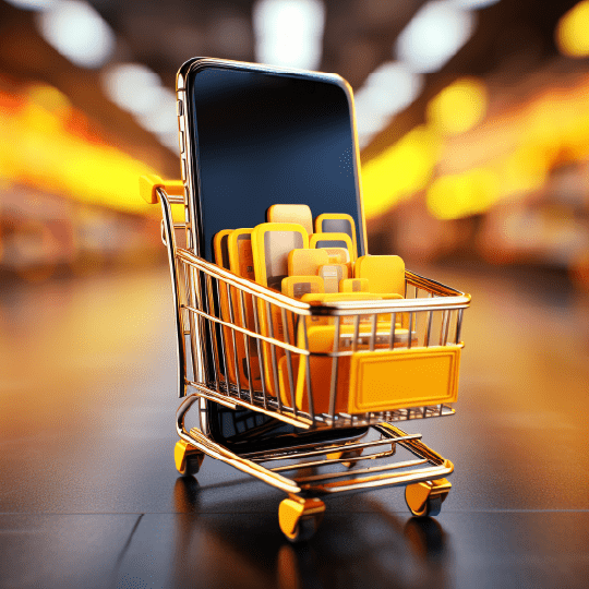 Arte com imagem de supermercado desfocado ao fundo com carrinho de compras ao centro em amarelo.