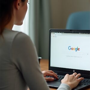 Mulher de cabelos pretos, levemente ondulados, aparece sentada em frente a uma mesa de trabalho, está digitando no notebook preto, na tela aparece a Home do buscador do Google ainda sem pesquisas feitas.