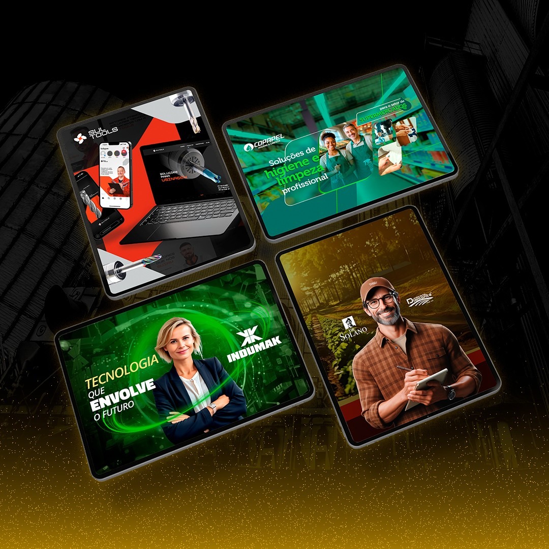 Arte quadrada com pequenos displays de cases da Mega em mock ups de telas de tablets.